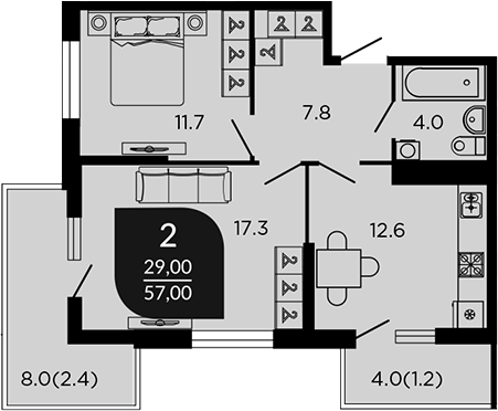 2-комн., 54.67 м², 2/22 этаж, ЖК «Отражение. Дарстрой»