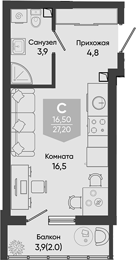 Студия, 25.2 м², 1/24 этаж, ЖК «Облака»