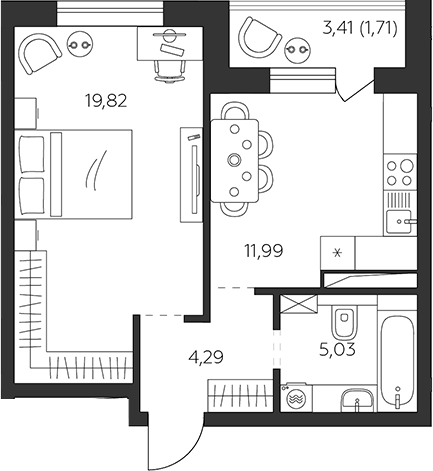 1-комн., 41.13 м², 9/9 этаж, ЖК «К24»