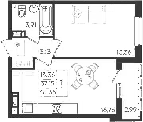 1-комн., 37.15 м², 17/18 этаж, ЖК «Дом 101»
