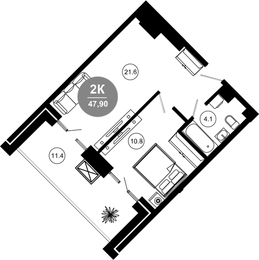 2-комн., 38.2 м², 2/10 этаж, ЖК «Гостиничный комплекс GREENMONT»