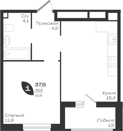 1-комн., 35.6 м², 2/18 этаж, ЖК «Ботаника»