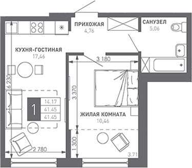 1-комн., 42.7 м², 5/9 этаж, ЖК «Иначе в Молодежном»
