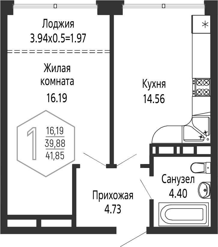 1-комн., 39.88 м², 17/24 этаж, ЖК «Гарантия PRIME»