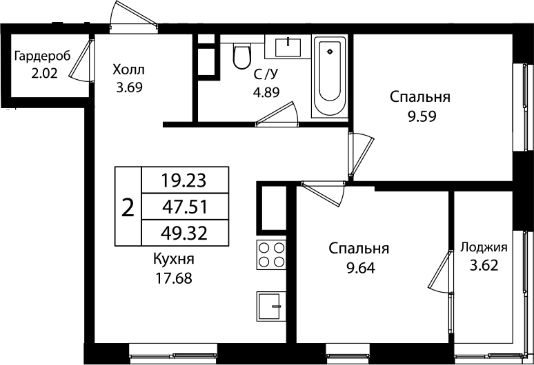 3-комн., 47.86 м², 2/18 этаж, ЖК «Патрики»