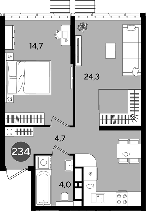 1-комн., 47.7 м², 16/16 этаж, ЖК «DОГМА ПАРК»