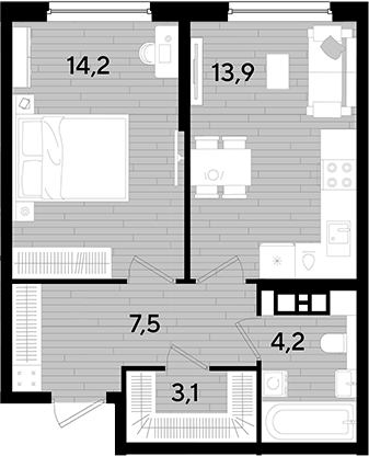 1-комн., 42.9 м², 7/16 этаж, ЖК «DОГМА ПАРК»