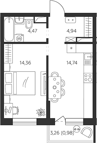 1-комн., 38.21 м², 4/9 этаж, ЖК «К24»