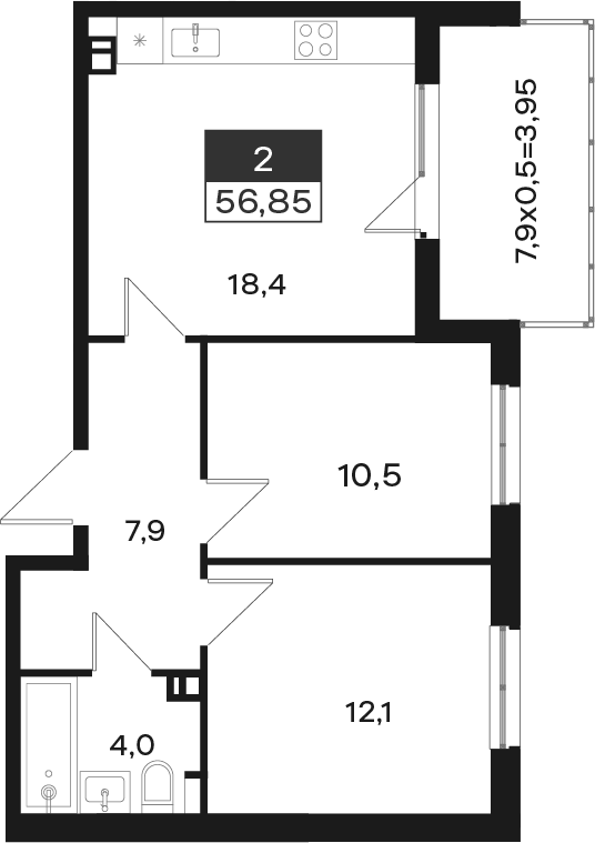 2-комн., 52.9 м², 4/4 этаж, ЖК «Новая Елизаветка»