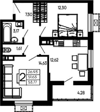 Продается 2-комн. квартира, 51.63 м²