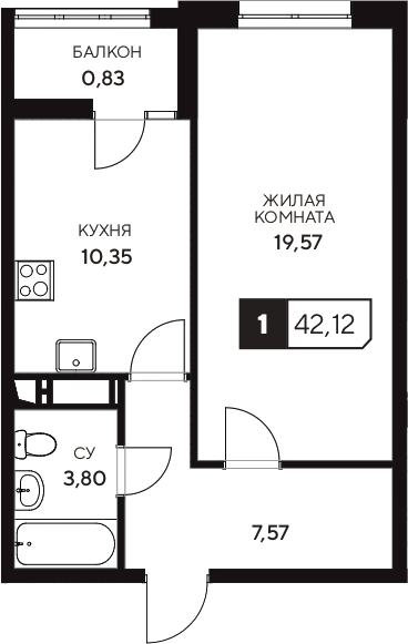 1-комн., 41.29 м², 4/20 этаж, ЖК «Центральный. Гамма»