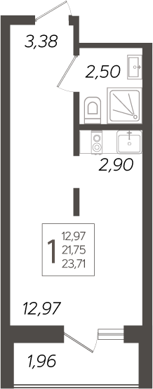 Студия, 21.75 м², 13/19 этаж, ЖК «Кислород»