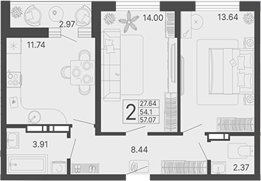 2-комн., 54.1 м², 4/19 этаж, ЖК «Светский лес»