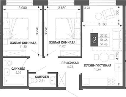2-комн., 57.1 м², 7/18 этаж, ЖК «Иначе в Молодежном»