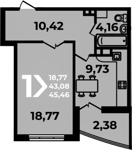 Продается 1-комн. квартира, 43.08 м²
