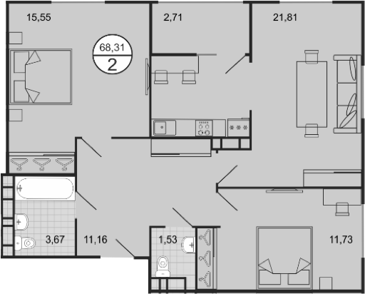 3-комн., 65.6 м², 3/9 этаж, ЖК «Событие»