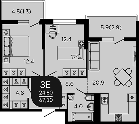 3-комн., 64.93 м², 19/22 этаж, ЖК «Отражение. Дарстрой»