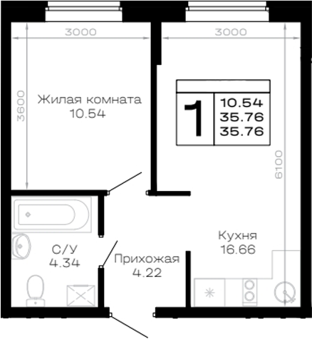 1-комн., 35.76 м², 4/4 этаж, ЖК «Усадьба Гостагаевская»