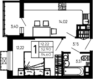 1-комн., 32.9 м², 12/14 этаж, ЖК «Эпос»
