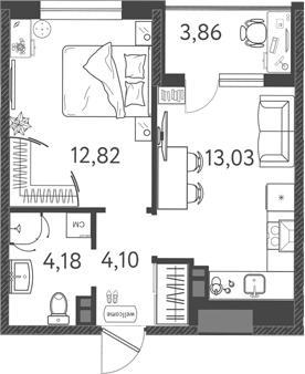 2-комн., 34.13 м², 3/9 этаж, ЖК «Друзья»