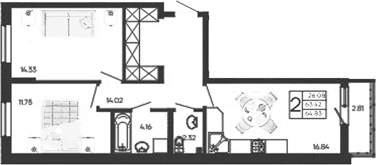 Продается 2-комн. квартира, 63.42 м²