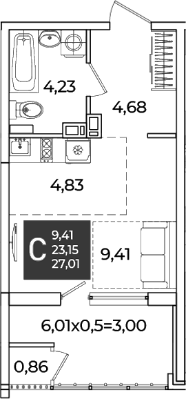 Студия, 23.15 м², 5/18 этаж, ЖК «Образцово»