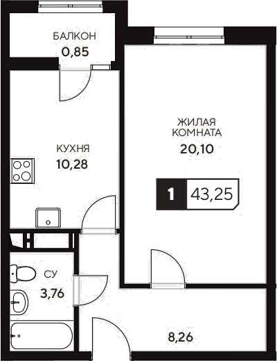 1-комн., 42.4 м², 2/20 этаж, ЖК «Центральный. Гамма»