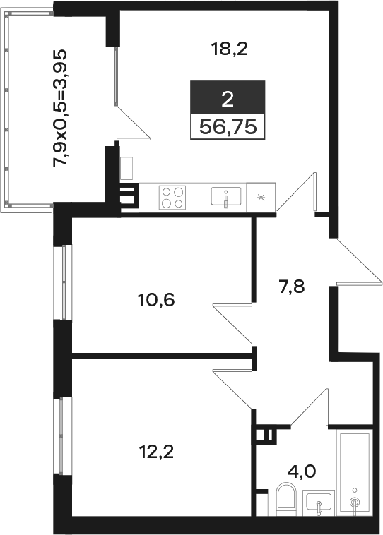 2-комн., 52.8 м², 4/4 этаж, ЖК «Новая Елизаветка»