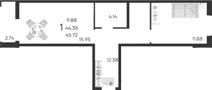 1-комн., 44.35 м², 2/9 этаж, ЖК «Дом 101»