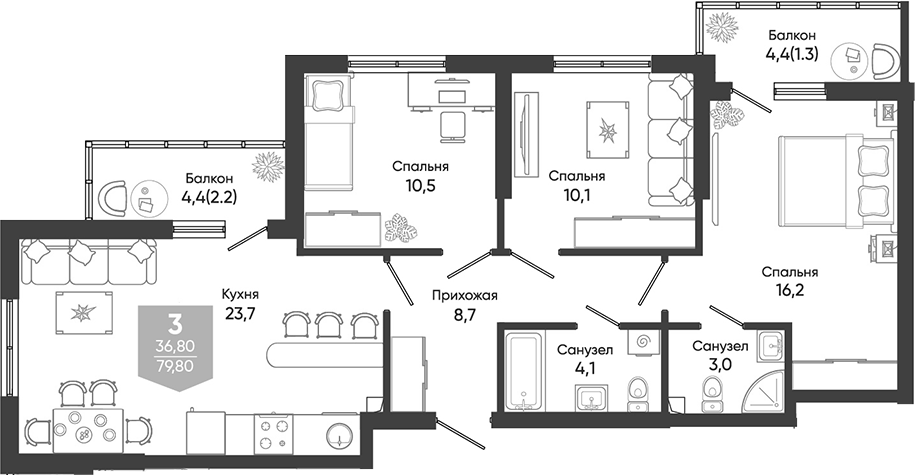 4+ комнаты, 76.3 м², 1/24 этаж, ЖК «Облака»