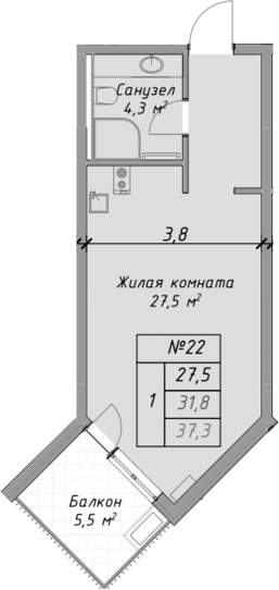 Студия, 31.8 м², 2/4 этаж, ЖК «Оазис Азова»