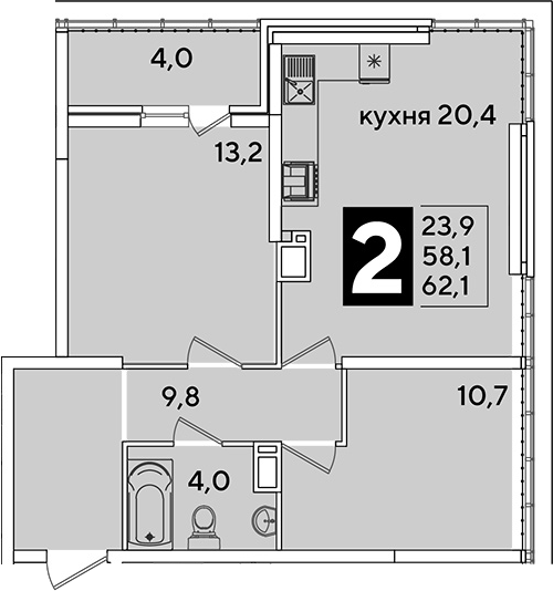 3-комн., 58.1 м², 16/16 этаж, ЖК «Самолет»