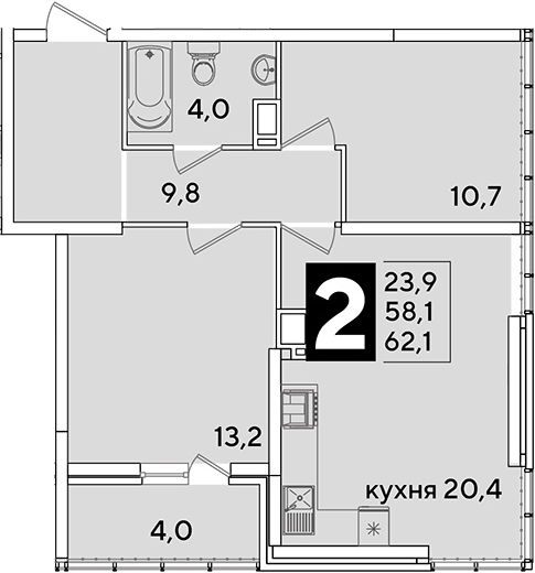 3-комн., 58.1 м², 16/16 этаж, ЖК «Самолет»