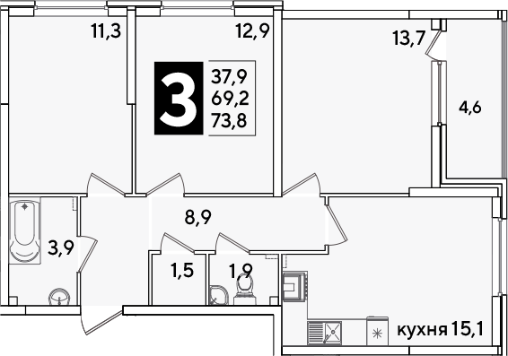 Продается 4-комн. квартира, 69.2 м²