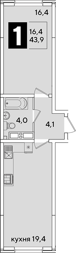 2-комн., 43.9 м², 14/16 этаж, ЖК «Самолет»