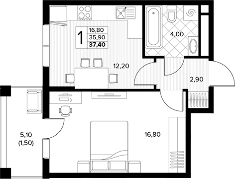 1-комн., 35.9 м², 2/7 этаж, ЖК «Кипарис»