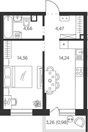 1-комн., 38.03 м², 2/9 этаж, ЖК «К24»