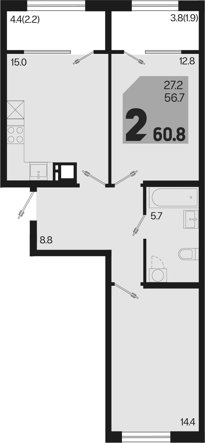 3-комн., 56.7 м², 2/9 этаж, ЖК «Первое место»