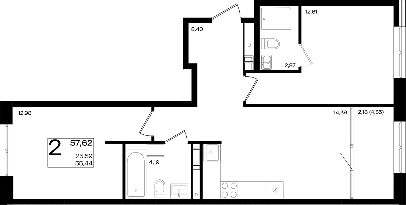 3-комн., 55.44 м², 4/9 этаж, ЖК «Патрики»