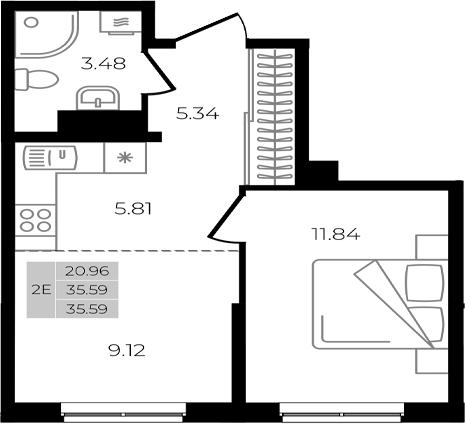 2-комн., 35.59 м², 1/8 этаж, ЖК «Курортный регион»