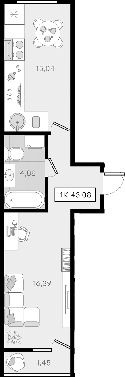 1-комн., 41.63 м², 6/8 этаж, ЖК «История 3»