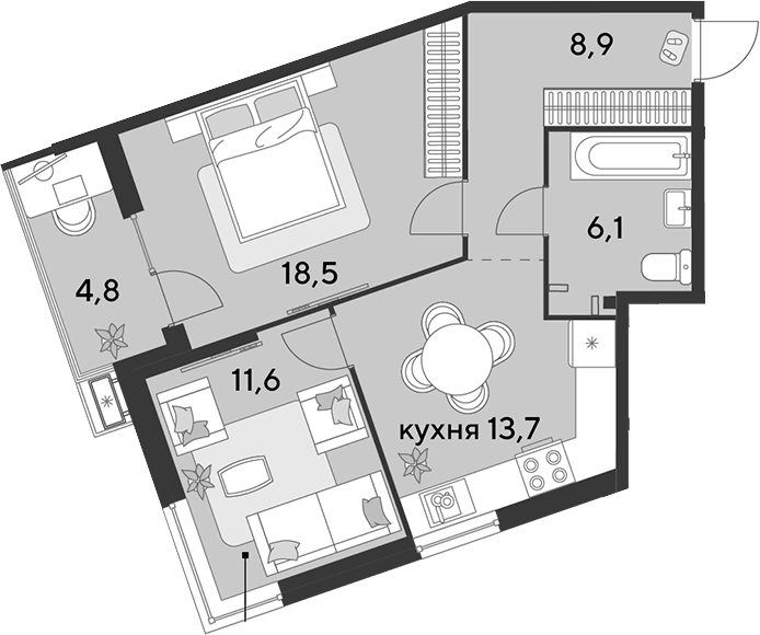 Продается 2-комн. квартира, 58.8 м²