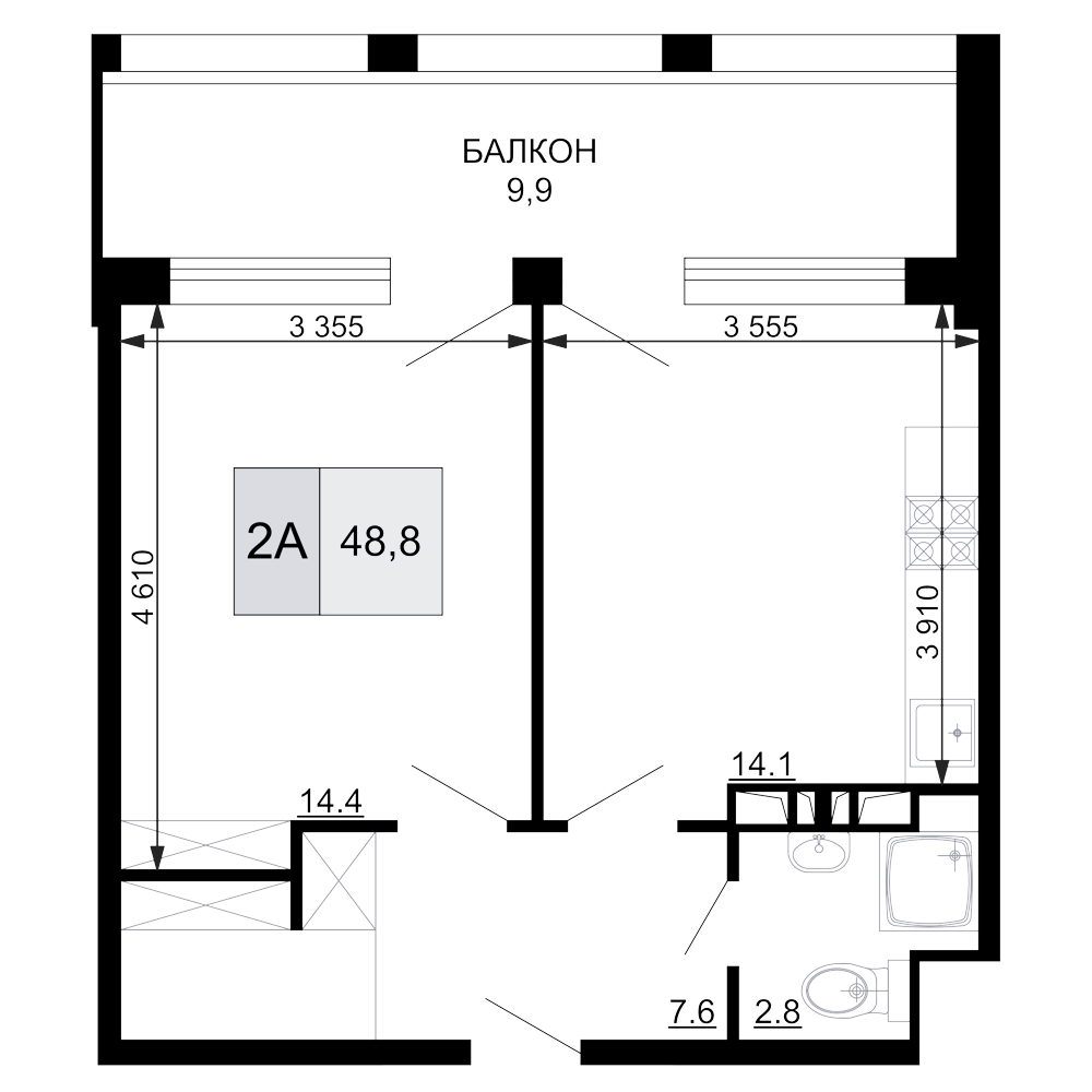 2-комн., 38.9 м², 2/9 этаж, ЖК «Гостиничный комплекс Мореград»
