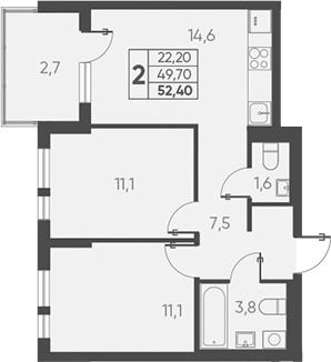 2-комн., 49.7 м², 14/15 этаж, ЖК «Барса»
