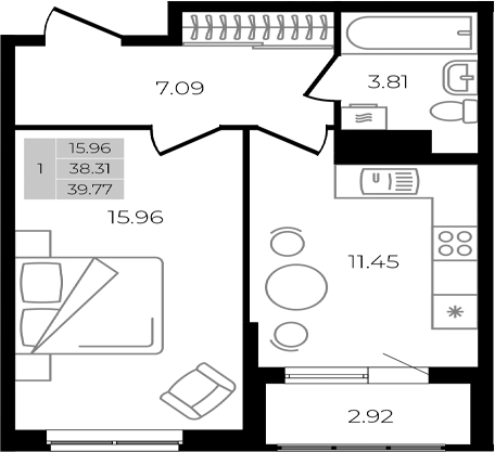 Продается 1-комн. квартира, 38.31 м²