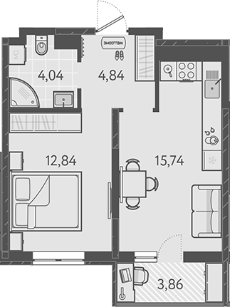 2-комн., 37.46 м², 12/18 этаж, ЖК «Теплые края»