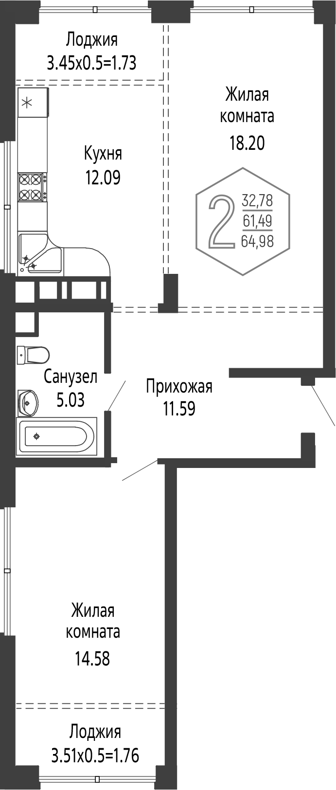 2-комн., 61.49 м², 22/24 этаж, ЖК «Гарантия PRIME»