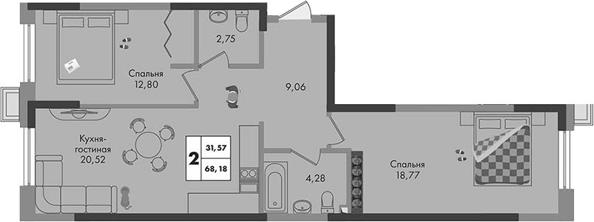 2-комн., 68.18 м², 5/9 этаж, ЖК «Зеленая территория»