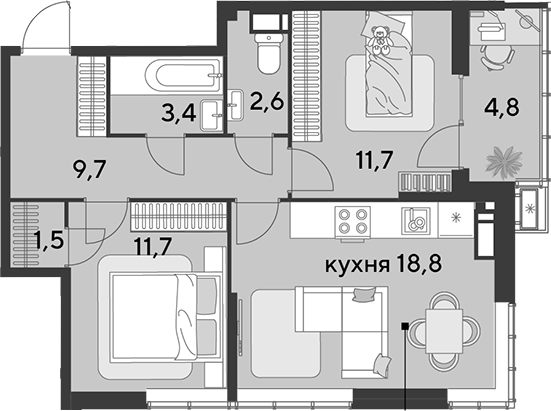3-комн., 59.4 м², 17/18 этаж, ЖК «Парк Победы»