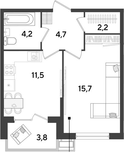 1-комн., 38.3 м², 2/9 этаж, ЖК «Парк Победы»